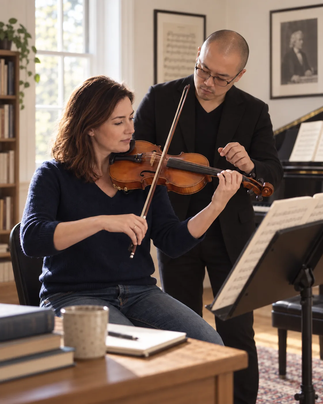 Adult violin learner playing while a teacher observes her left hand