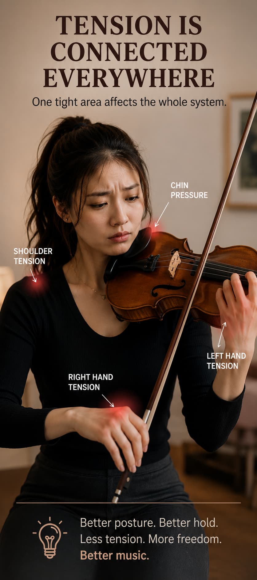 Violinist with labels marking tension at the chin, shoulder and both hands