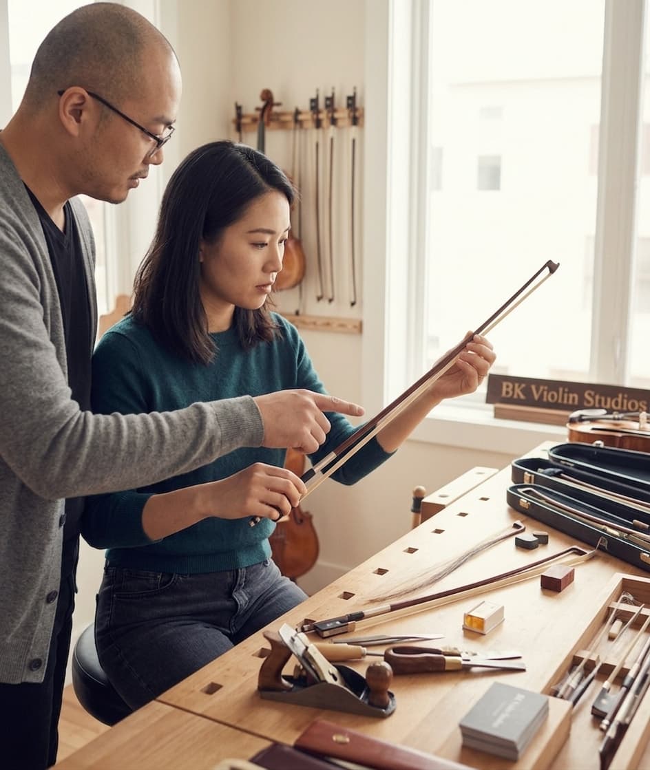 Teacher and violist comparing bows at a workbench