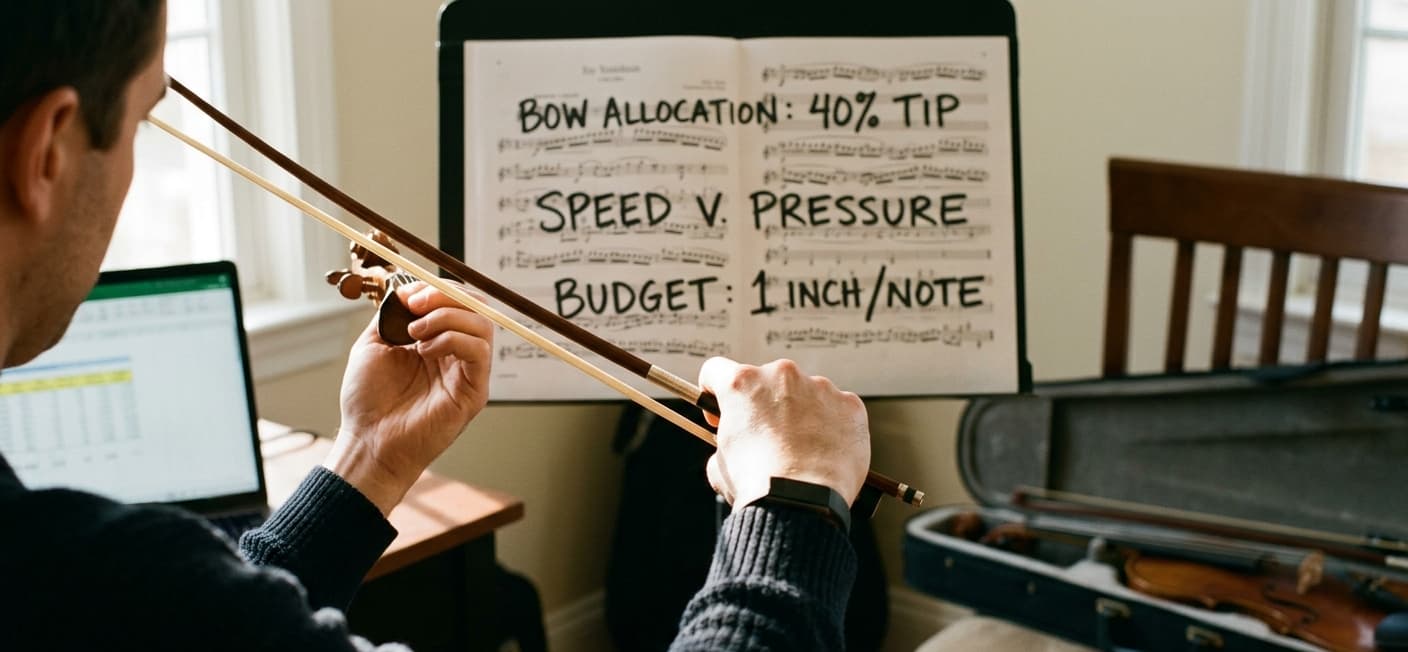 Violinist practising beside notes about bow allocation, speed and pressure