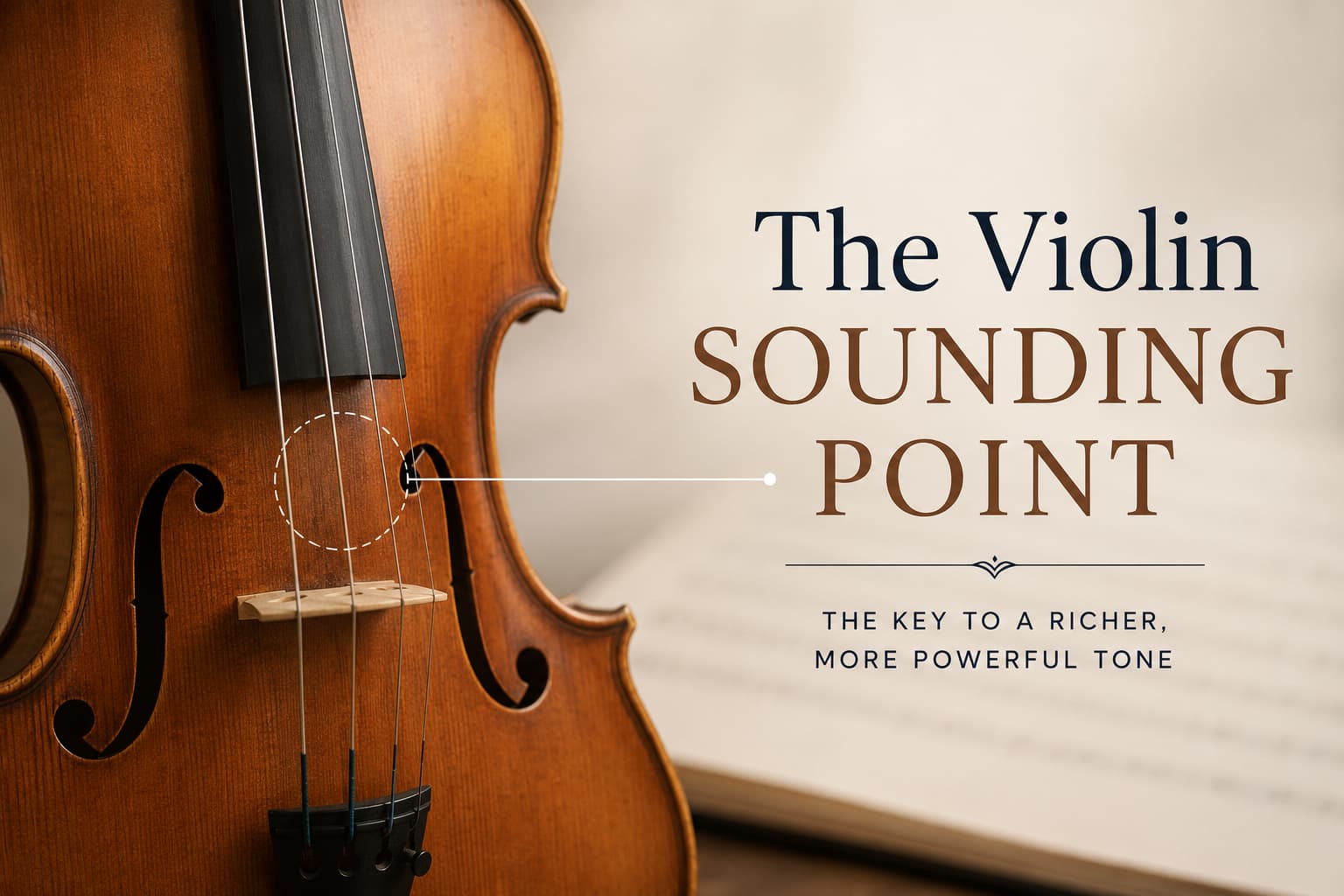 Close-up of a violin bridge with the sounding point marked between bridge and fingerboard