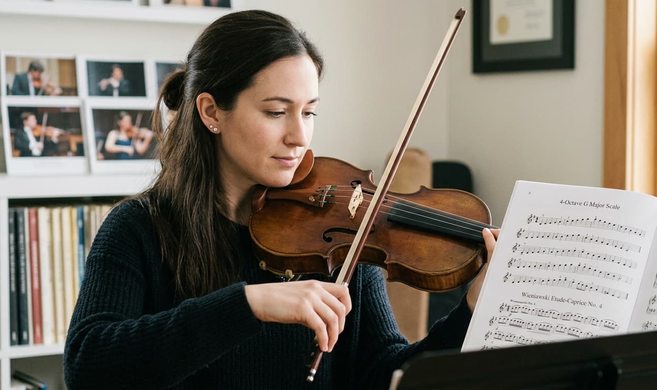 Violinist practising from a scale and étude book in a studio