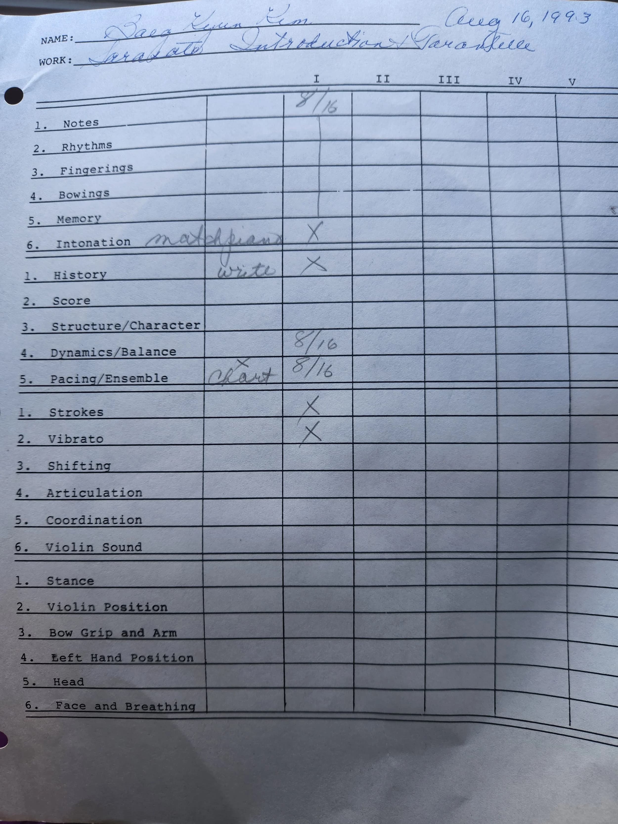 Dorothy DeLay’s handwritten violin lesson checklist for Baek Kim, dated August 16, 1993