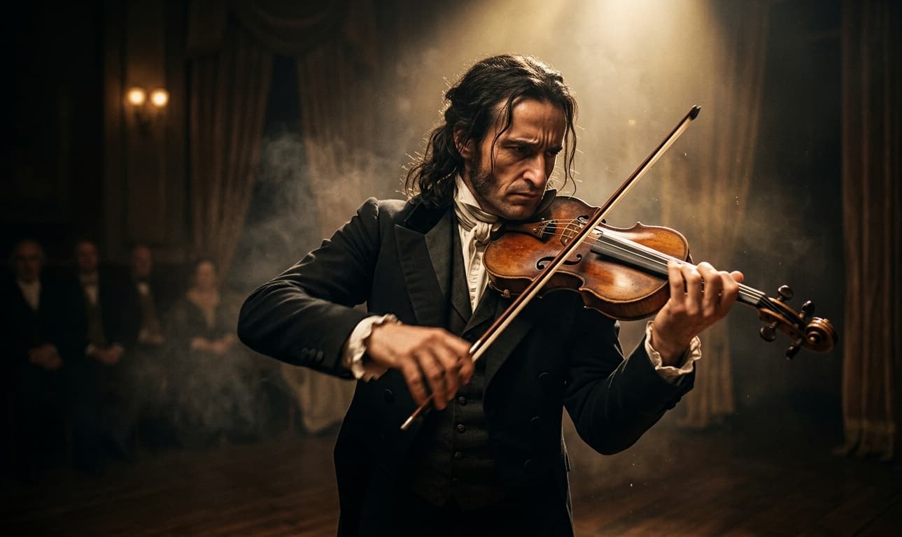 Violin soloist performing onstage in a concert hall