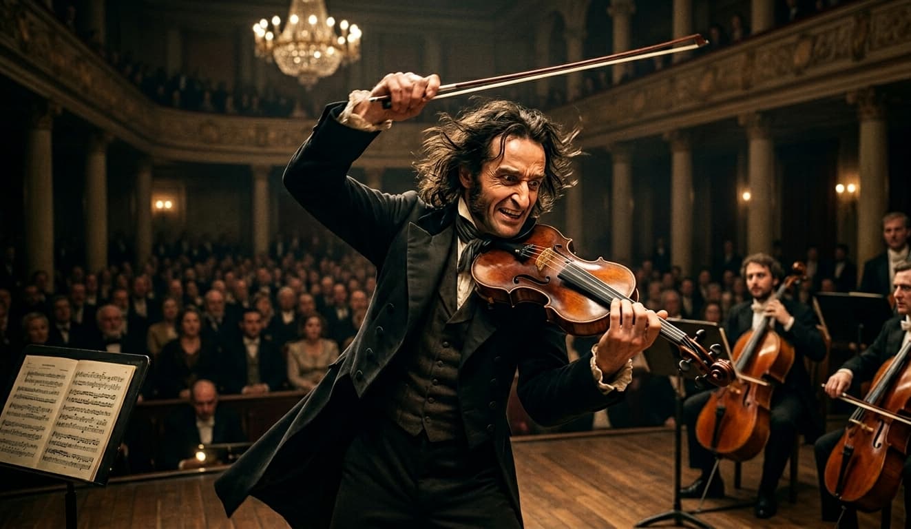 Violin soloist using a rapid bow stroke onstage with an orchestra