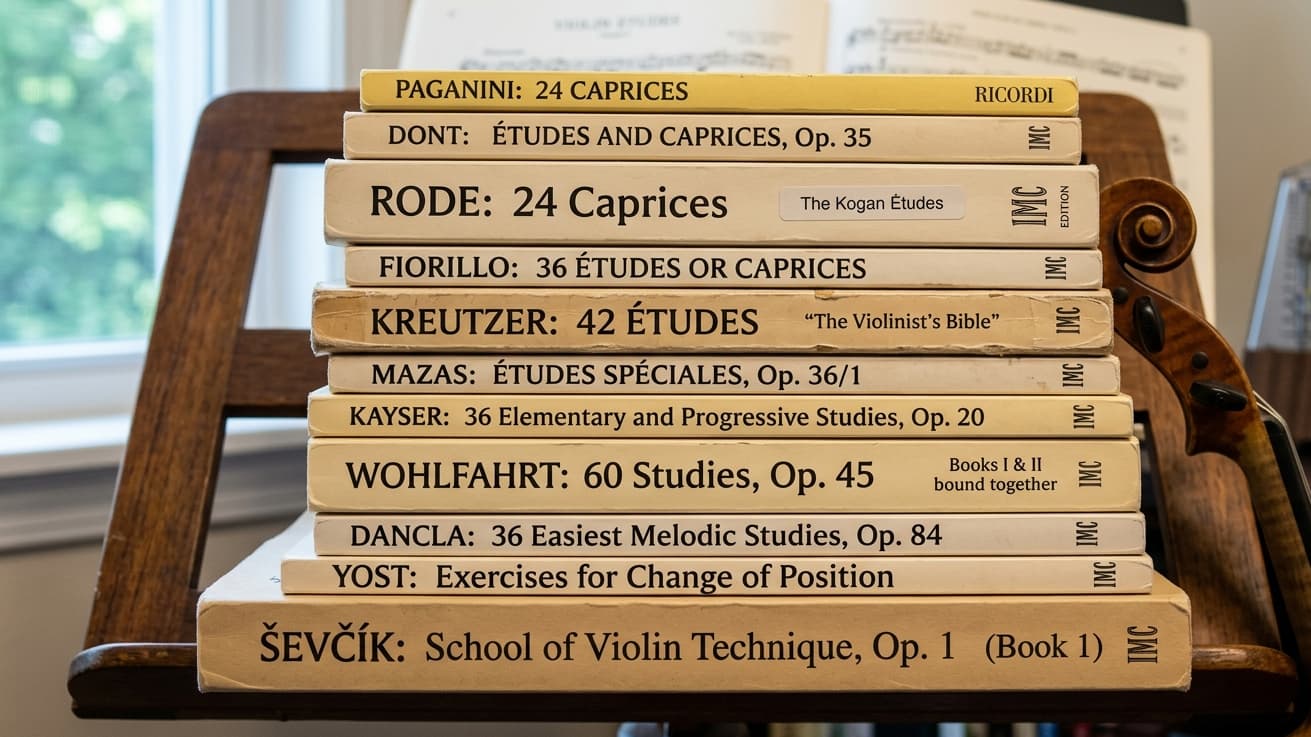 Stack of violin étude books on a music stand beside a violin